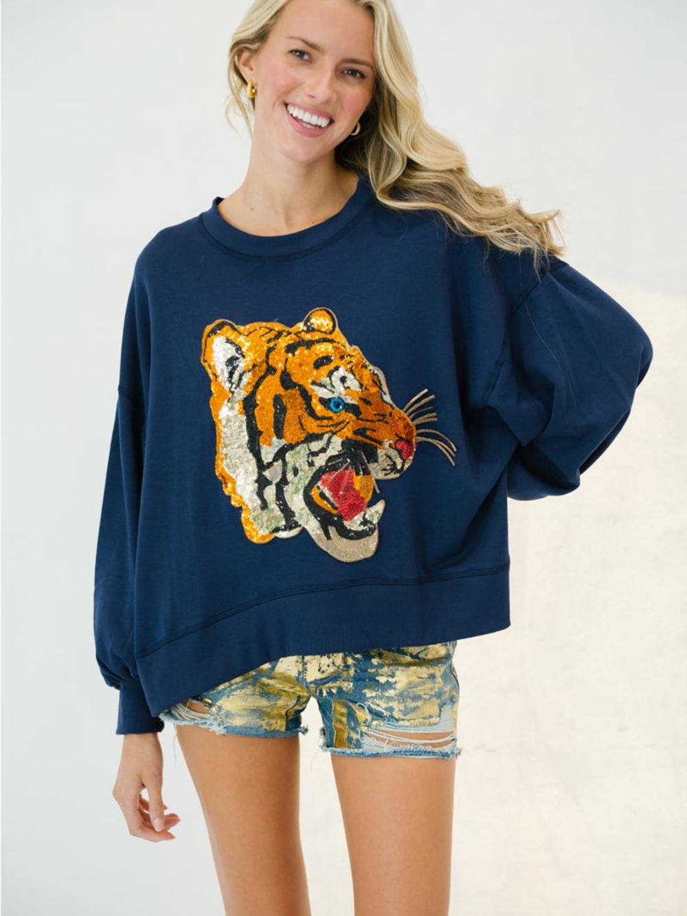 Judith March Navy Sequin Tiger Pullover Size Small Overaized